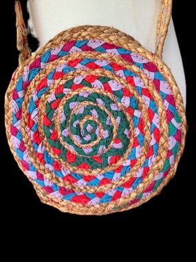 Matr Boomie Round Crossbody Bag Upcycled Sari Woven Straw Boho